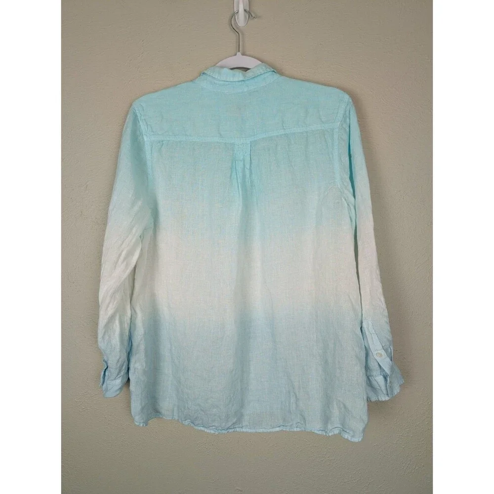 TALBOTS Womens XLP Ombre Dip Dye 100% Linen Roll Tab Button Shirt Blouse Top
